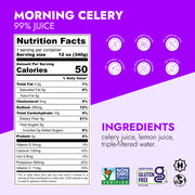 Morning Celery Juice label showcasing 99% juice, nutrition facts, ingredients, and icons for no additives, plus non-GMO, gluten-free, kosher, and recycling certifications.