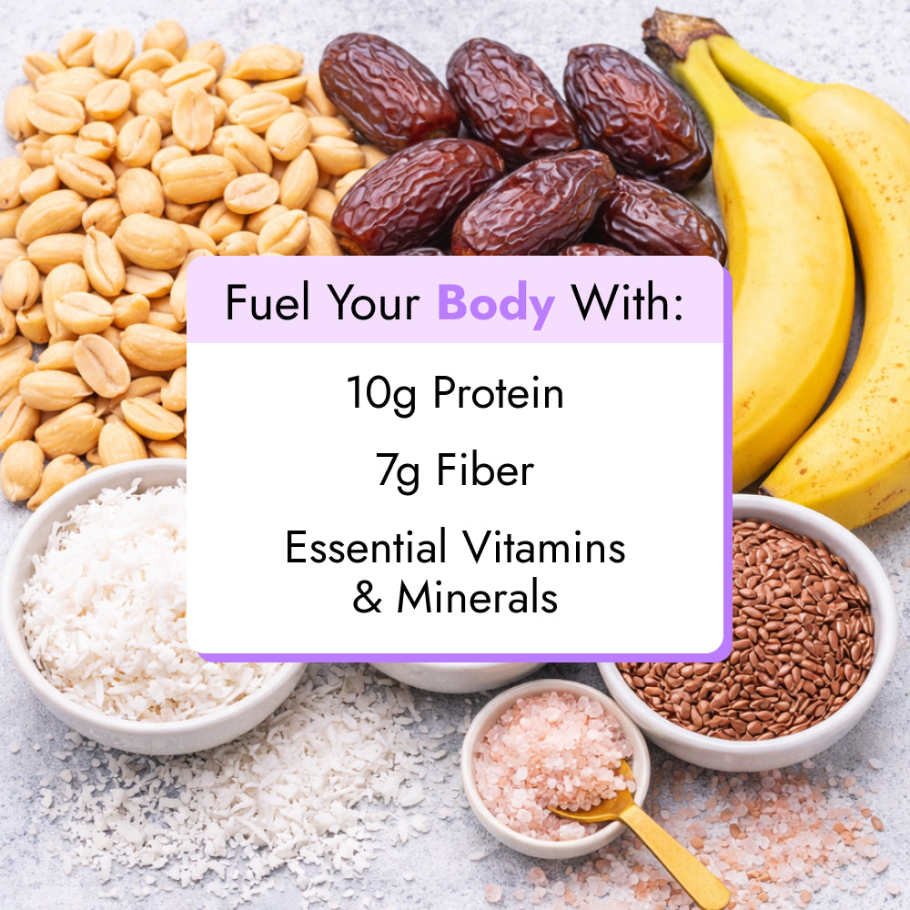 Peanut Butter Smoothie ingredients surround a card detailing 10g protein, 7g fiber. Features peanuts, dates, bananas, coconut flakes, flax seeds, and Himalayan salt.