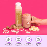 Peanut Butter Smoothie bottle with ingredients—peanuts, banana slices, coconut flakes—plus a hand holding a smoothie jar. Supports fitness, energy, muscle recovery, digestion.