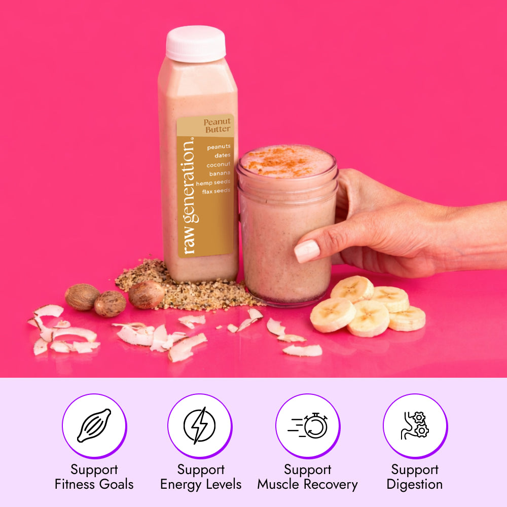 Peanut Butter Smoothie bottle with ingredients—peanuts, banana slices, coconut flakes—plus a hand holding a smoothie jar. Supports fitness, energy, muscle recovery, digestion.