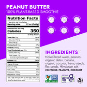Peanut Butter Smoothie label featuring nutrition facts, ingredients like peanuts and dates, and Non-GMO, Gluten-Free logos. Highlights: 10g protein, 7g fiber, plant-based.