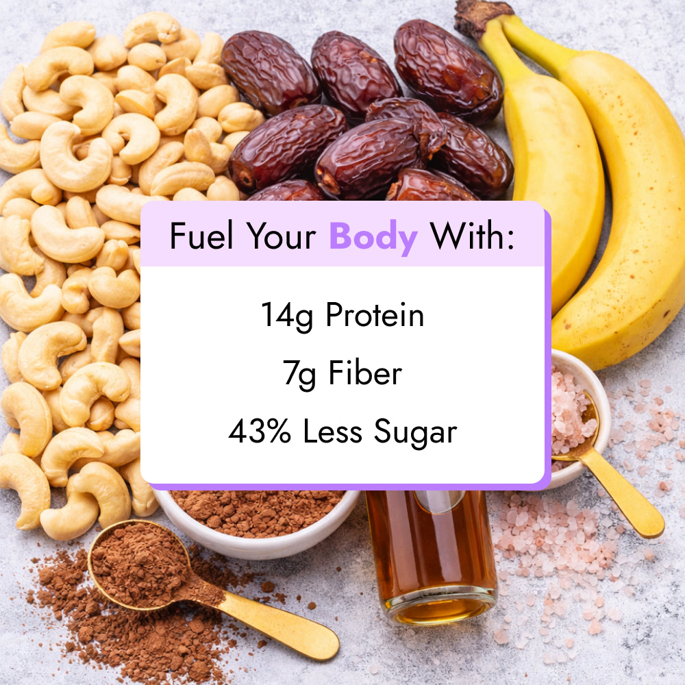 Top-down shot of ingredients for Peanut Butter Cup Smoothie: cashews, Medjool dates, bananas, cocoa powder, honey, and pink Himalayan salt, highlighting 14g protein and 43% less sugar.
