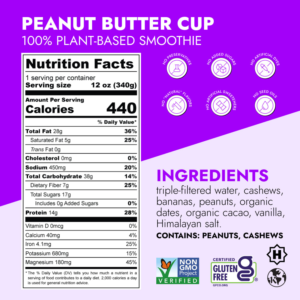 Peanut Butter Cup Smoothie label showing nutrition facts, plant-based ingredients, allergen info, and certifications like Non-GMO, Gluten-Free, and Kosher, with no artificial additives.