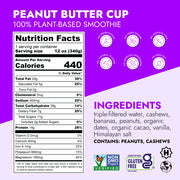 Peanut Butter Cup Smoothie label showing nutrition facts, plant-based ingredients, allergen info, and certifications like Non-GMO, Gluten-Free, and Kosher, with no artificial additives.