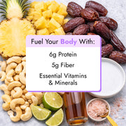 Piña Colada Smoothie ingredients in a flat-lay: pineapple, dates, cashews, lime, honey, yogurt, Himalayan salt. Boosts with protein, fiber, vitamins, and minerals.