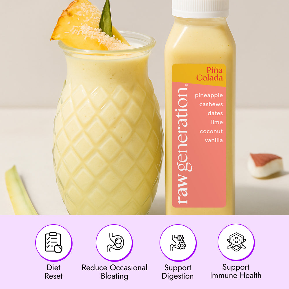 Piña Colada Smoothie in a pineapple-shaped glass with a pineapple wedge and coconut, next to a branded bottle highlighting ingredients and health benefits.
