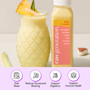 Piña Colada Smoothie in a pineapple-shaped glass with a pineapple wedge and coconut, next to a branded bottle highlighting ingredients and health benefits.