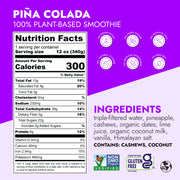 Piña Colada Smoothie label with nutrition facts, plant-based ingredients, and badges for No preservatives, No added sugars, Non-GMO Verified, and Certified Gluten-Free.