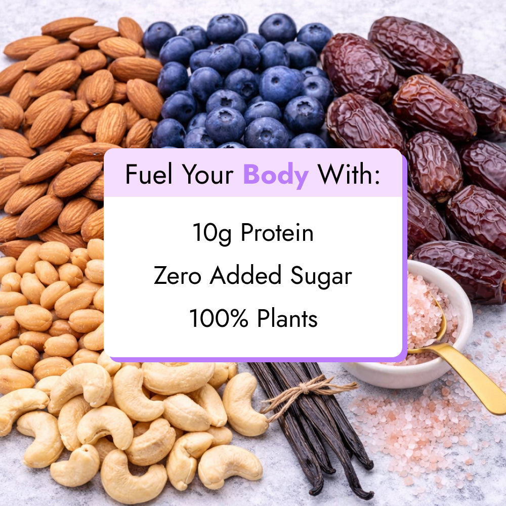 Protein Boost™ (2 Count) featuring almonds, blueberries, Medjool dates, peanuts, cashews, vanilla beans, and pink salt, highlighting 10g plant protein and zero added sugar.