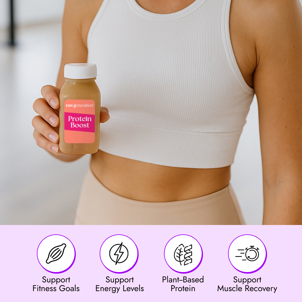 Person in activewear holding a Protein Boost™ (2 Count) bottle by Raw Generation, highlighting plant-based protein benefits for fitness support, natural energy, and muscle recovery.
