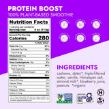 Protein Boost. Ingredients: cashews, organic dates, triple-filtered water, vanilla, Himalayan salt, organic almond milk, blueberry juice, peanuts. 10 g protein. Nutrition facts shown.