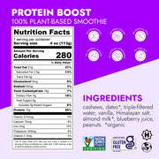 Protein Boost™ (2 Count) label displaying nutritional facts, plant-based ingredient list, and certifications, highlighting 10g plant protein per serving, no added sugars, and creamy PB&J flavor.