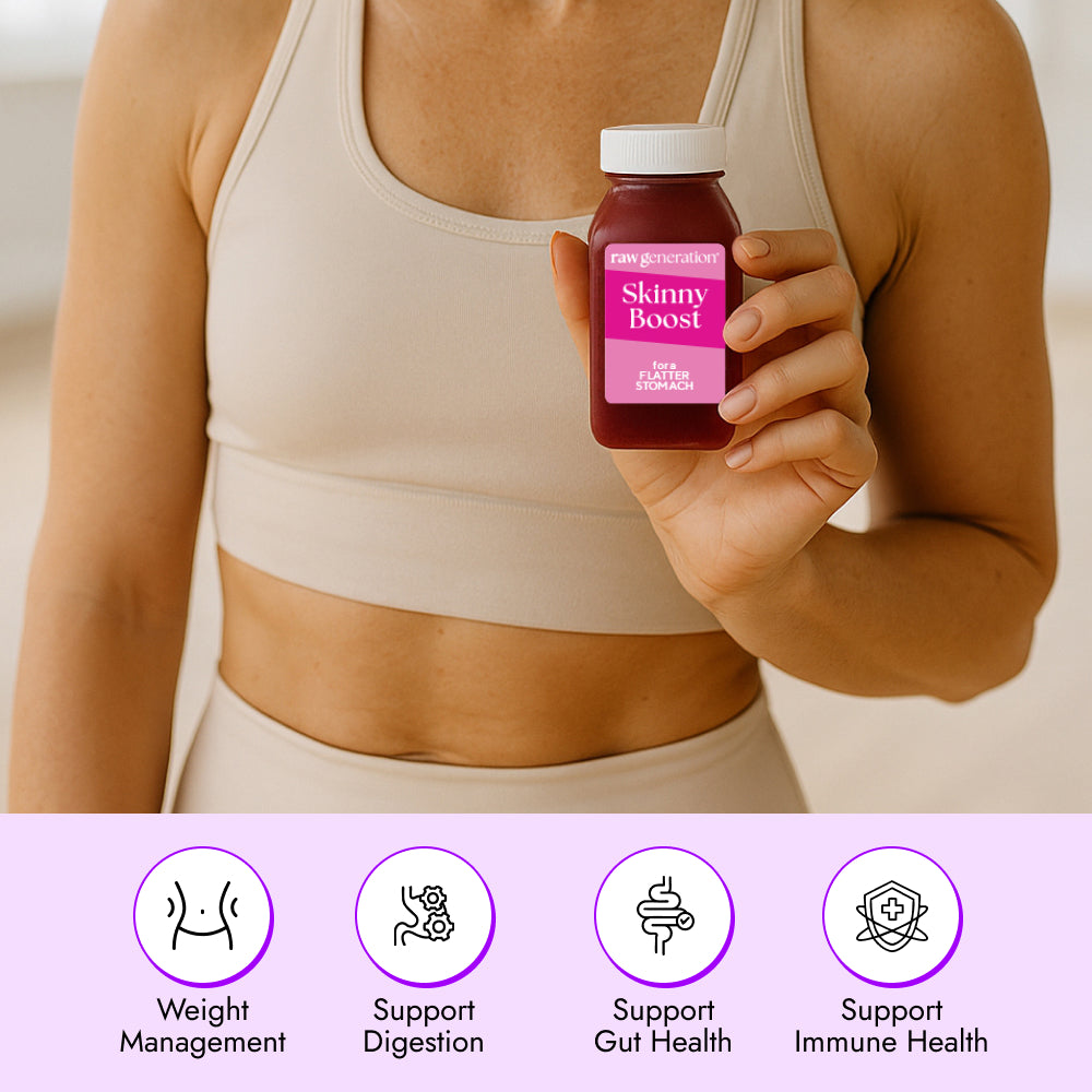 Person in beige sportswear holding a Skinny Boost™ Enhancer Shot (2-Count) bottle by Raw Generation, promoting weight management, digestive wellness, gut health support, and immune support.