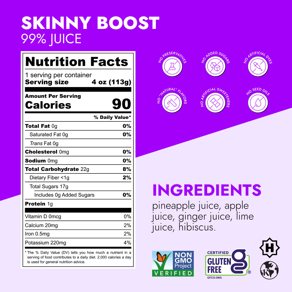 Skinny Boost™ Enhancer Shot (2-Count) label detailing nutrition facts, juice ingredients, and features including no preservatives, non-GMO certified, and gluten-free certifications.