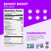Skinny Boost™ Enhancer Shot (2-Count) label detailing nutrition facts, juice ingredients, and features including no preservatives, non-GMO certified, and gluten-free certifications.