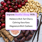 Sleep Boost™ (2-Count) featuring tart cherries, cashews, and kava kava, promoting restful sleep support with melatonin, cherry-vanilla flavor, and no added sugars.