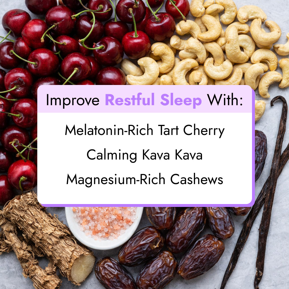 Sleep Boost™ (2-Count) featuring tart cherries, cashews, and kava kava, promoting restful sleep support with melatonin, cherry-vanilla flavor, and no added sugars.