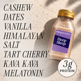 Deep Sleep (Sleep Boost). Ingredients shown: cashew, dates, vanilla, Himalayan salt, tart cherry, kava kava, melatonin. 3 g protein.