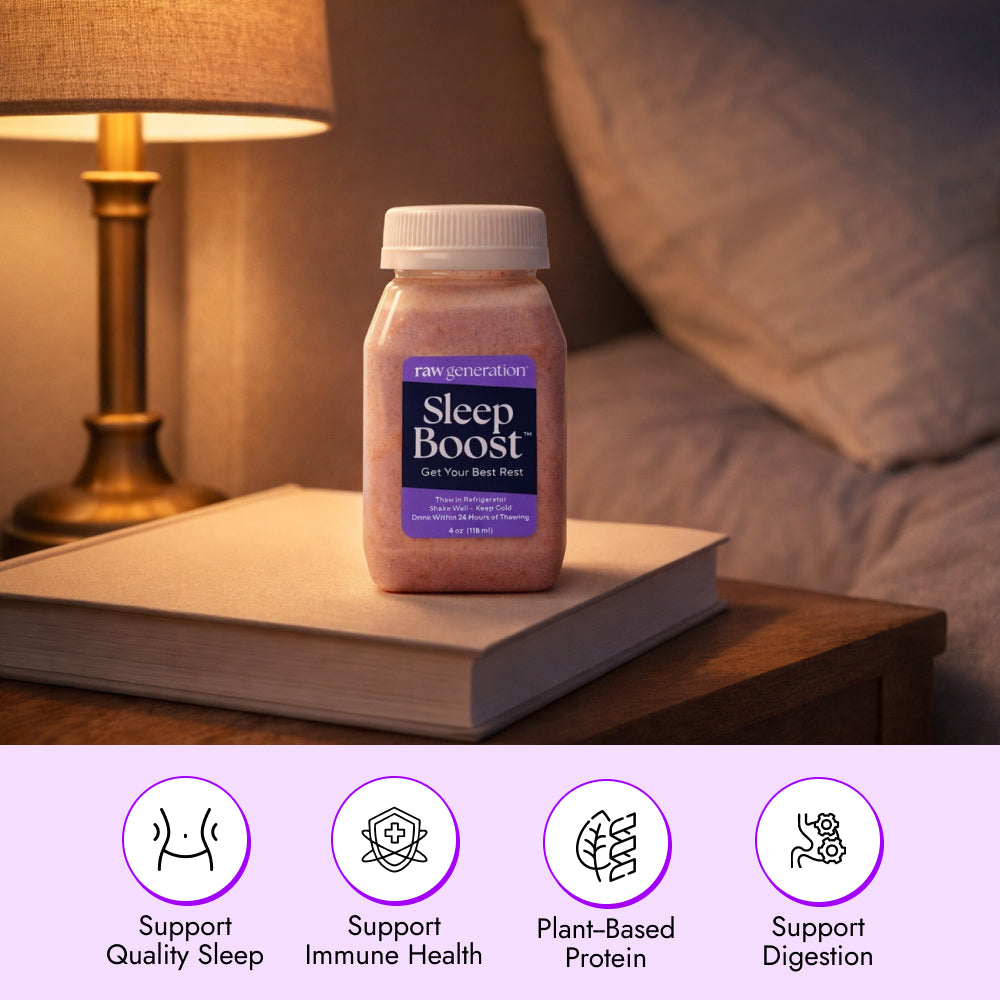 Sleep Boost™ (2-Count) by Raw Generation on a bedside book, highlighting restful sleep support, immune support, plant protein, and digestive wellness benefits.