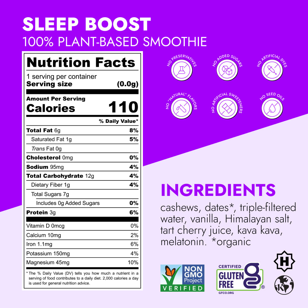 Sleep Boost™ (2-Count) plant-based smoothie shot featuring nutrition facts, free-from icons, ingredient list, and certifications including Non-GMO and Gluten-Free, designed for restful sleep support.