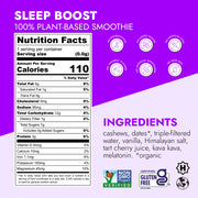 Sleep Boost™ (2-Count) plant-based smoothie shot featuring nutrition facts, free-from icons, ingredient list, and certifications including Non-GMO and Gluten-Free, designed for restful sleep support.