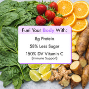 Strawberry Greens Juice ingredients surrounding a card highlighting 8g protein, 58% less sugar, and 150% DV Vitamin C, featuring spinach, strawberries, oranges, and ginger.