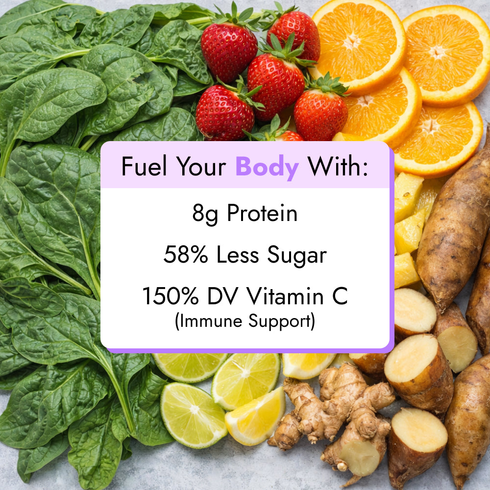 Strawberry Greens Juice ingredients surrounding a card highlighting 8g protein, 58% less sugar, and 150% DV Vitamin C, featuring spinach, strawberries, oranges, and ginger.