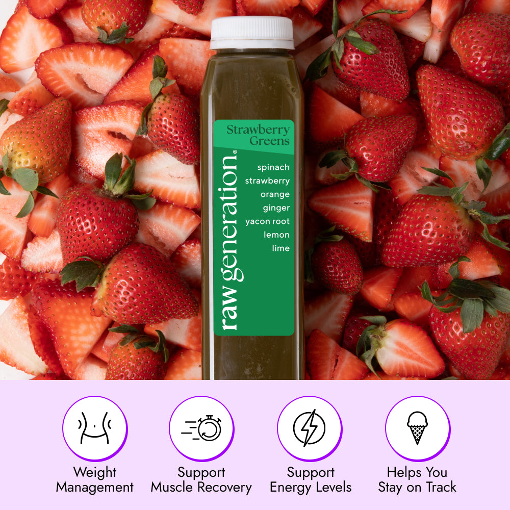 Strawberry Greens Juice bottle by Raw Generation on strawberry slices, promoting weight management, muscle recovery support, and natural energy with a sweet tangy flavor and 8g plant protein.