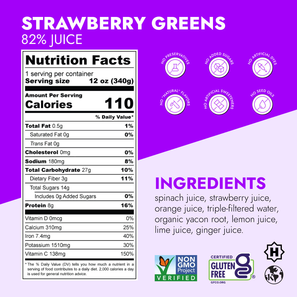 Strawberry Greens Juice label displaying 82% juice, nutrition facts, free-from icons, ingredient list, and certifications like Non-GMO and Gluten-Free, highlighting its protein-rich blend.