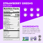 Strawberry Greens Juice label displaying 82% juice, nutrition facts, free-from icons, ingredient list, and certifications like Non-GMO and Gluten-Free, highlighting its protein-rich blend.