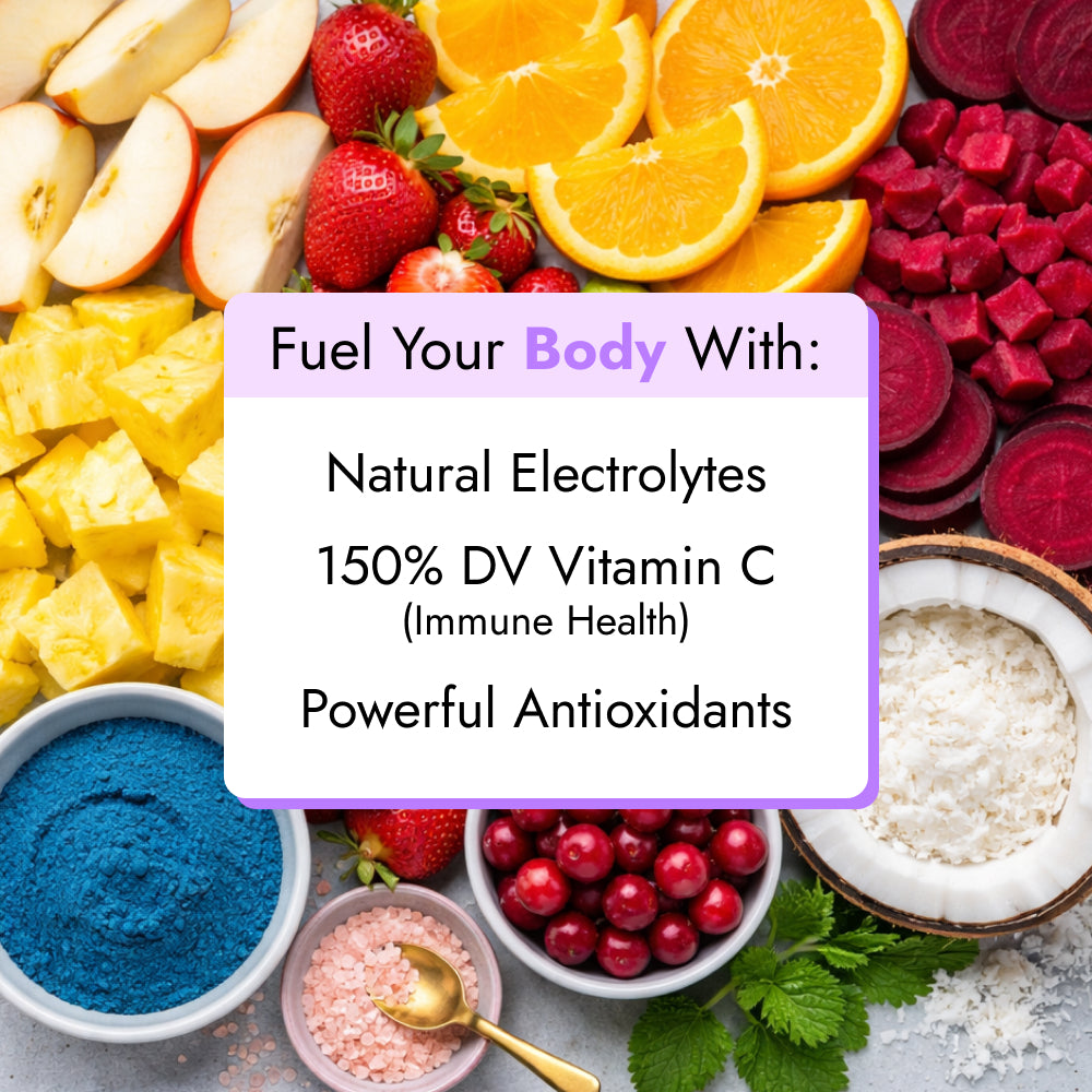 Strong & Lean: Top-down display featuring fresh fruits, roots, and superfood powders, highlighting natural electrolytes, Vitamin C, and antioxidants for enhanced workout performance support.