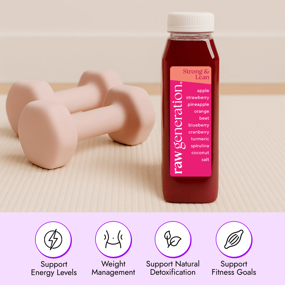 Strong & Lean juice bottle by Raw Generation with ingredient list, flanked by pink dumbbells, highlighting natural energy, weight management, and fitness support for women.