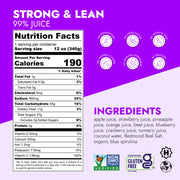 Strong & Lean 99% Juice label showing nutrition facts, natural ingredient list, and certification logos, emphasizing no preservatives, no added sugars, and no artificial additives.
