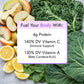 Sweet Greens Juice graphic with sliced apples, lemon wedges, and leafy greens, highlighting nutritional benefits including 4g protein, 140% DV Vitamin C, and 130% DV Vitamin A.