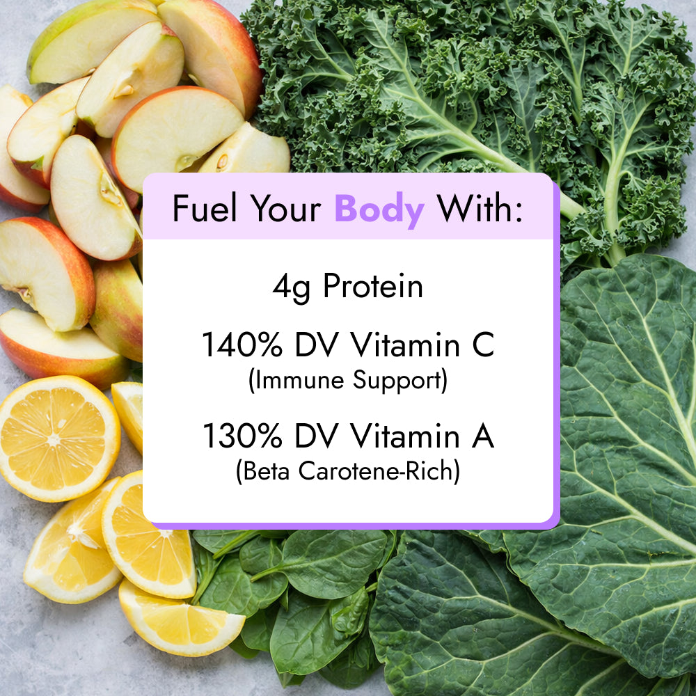 Sweet Greens Juice graphic with sliced apples, lemon wedges, and leafy greens, highlighting nutritional benefits including 4g protein, 140% DV Vitamin C, and 130% DV Vitamin A.