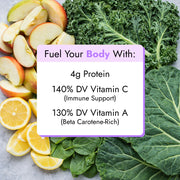 Sweet Greens Juice graphic with sliced apples, lemon wedges, and leafy greens, highlighting nutritional benefits including 4g protein, 140% DV Vitamin C, and 130% DV Vitamin A.
