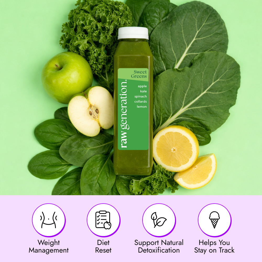 Sweet Greens Juice bottle by Raw Generation on leafy greens, surrounded by apple and lemon slices, highlighting weight management support, natural detox, and diet reset benefits.