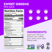 Sweet Greens Juice label with nutrition facts, highlighting 140 calories and 140% DV Vitamin C. Ingredients: apple, kale, spinach, collard greens, lemon. No preservatives or added sugars.