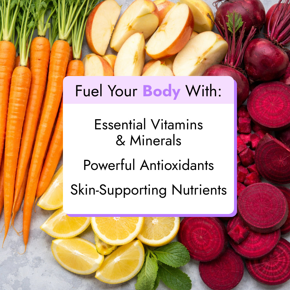 Sweet Roots Juice displayed with fresh apples, carrots, beets, and lemons, highlighting vitamins, minerals, antioxidants, and skin-supporting nutrients in every cold-pressed bottle.