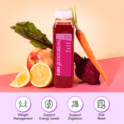 Sweet Roots Juice bottle by Raw Generation with apple, lemon, beet, and carrot, highlighting weight management, natural energy, and diet reset support benefits.