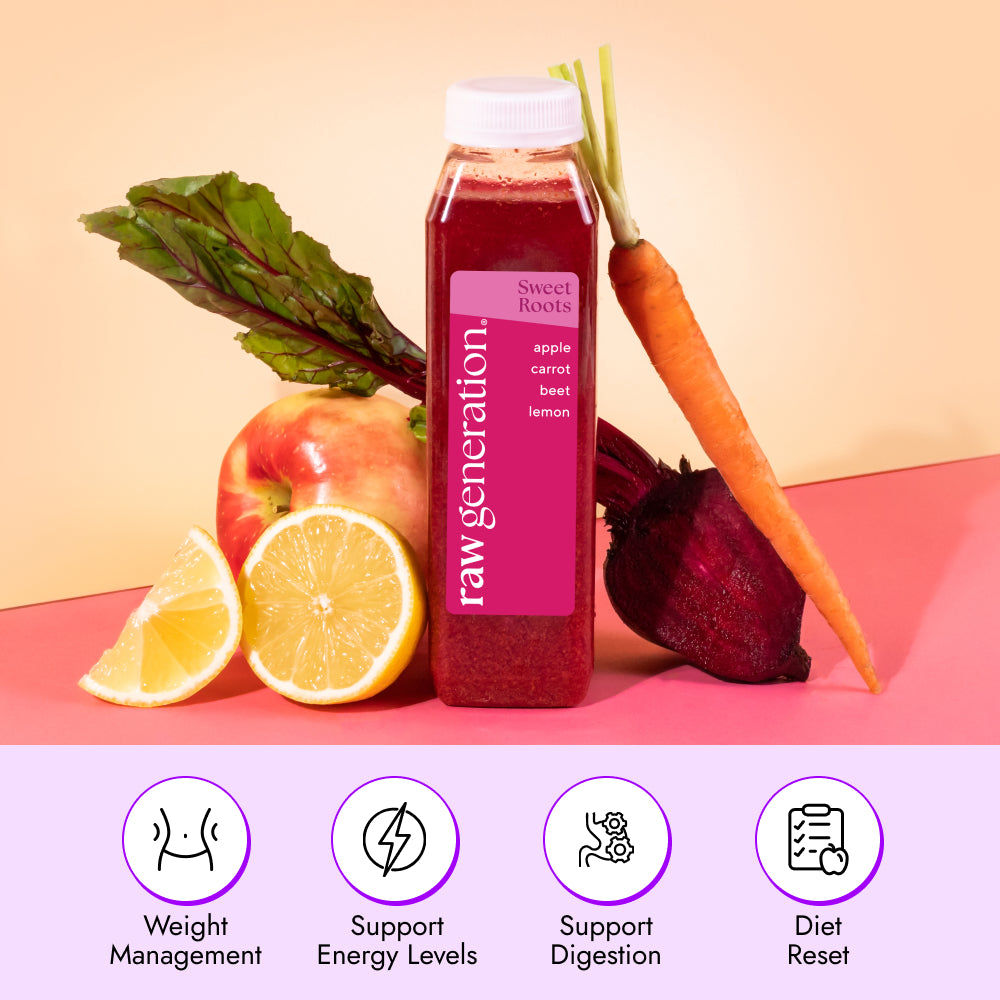 Sweet Roots Juice bottle by Raw Generation with apple, lemon, beet, and carrot, highlighting weight management, natural energy, and diet reset support benefits.