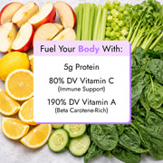 Tarte Greens juice ingredient display featuring apples, lemon, cucumber, celery, parsley, and spinach, highlighting nutritional benefits including protein, Vitamin C, and Vitamin A.