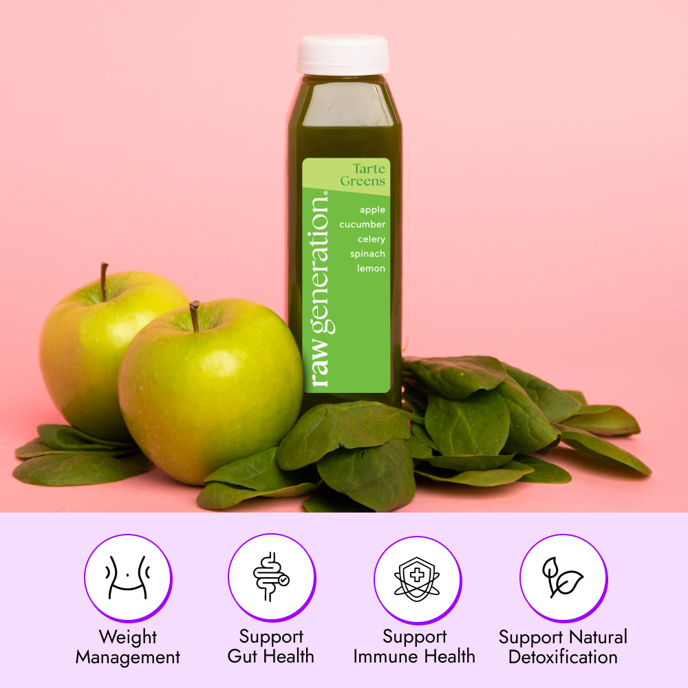 Raw Generation Tarte Greens juice bottle on a spinach bed flanked by green apples, highlighting weight management support and immune support benefits with apple, cucumber, celery, spinach, and lemon.