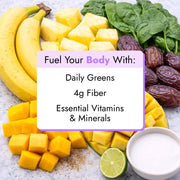 Tropical Greens Smoothie ingredients displayed: bananas, pineapple chunks, mango cubes, spinach, Medjool dates, halved lime, and coconut milk, promoting fiber and essential vitamins.