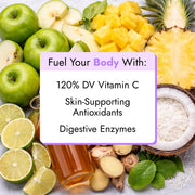 Tropical Sunrise Juice ingredients including green apples, limes, pineapple, coconut, ginger, mint, and honey, highlighting Vitamin C, antioxidants, and natural digestive enzymes.