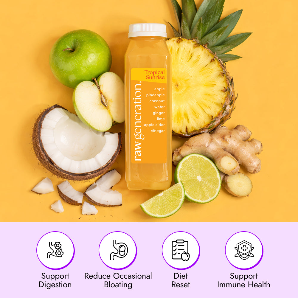 Tropical Sunrise Juice bottle by Raw Generation with apple, pineapple, coconut, ginger, and lime, highlighting digestive wellness support, diet reset, and immune support benefits.