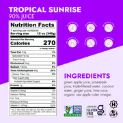 Tropical Sunrise Juice label showing nutrition facts, ingredients like apple and pineapple juice, and highlights including non-GMO, gluten-free, and 120% DV Vitamin C.