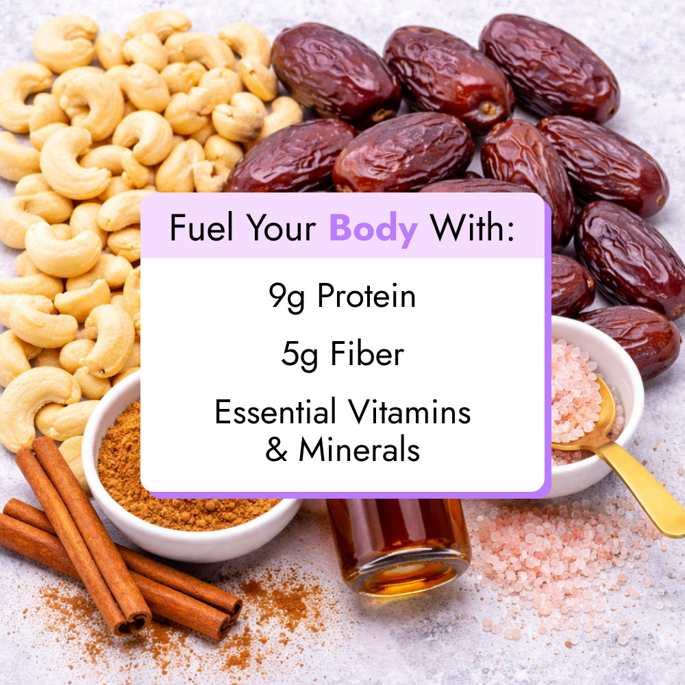 Vanilla Cashew Smoothie surrounded by raw cashews, Medjool dates, cinnamon, honey, and Himalayan salt, highlighting 9g protein, 5g fiber, and essential nutrients.