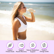 A woman on a beach enjoys a Vanilla Cashew Smoothie, highlighting benefits like fitness support and muscle recovery, with its plant-based protein and fiber content.