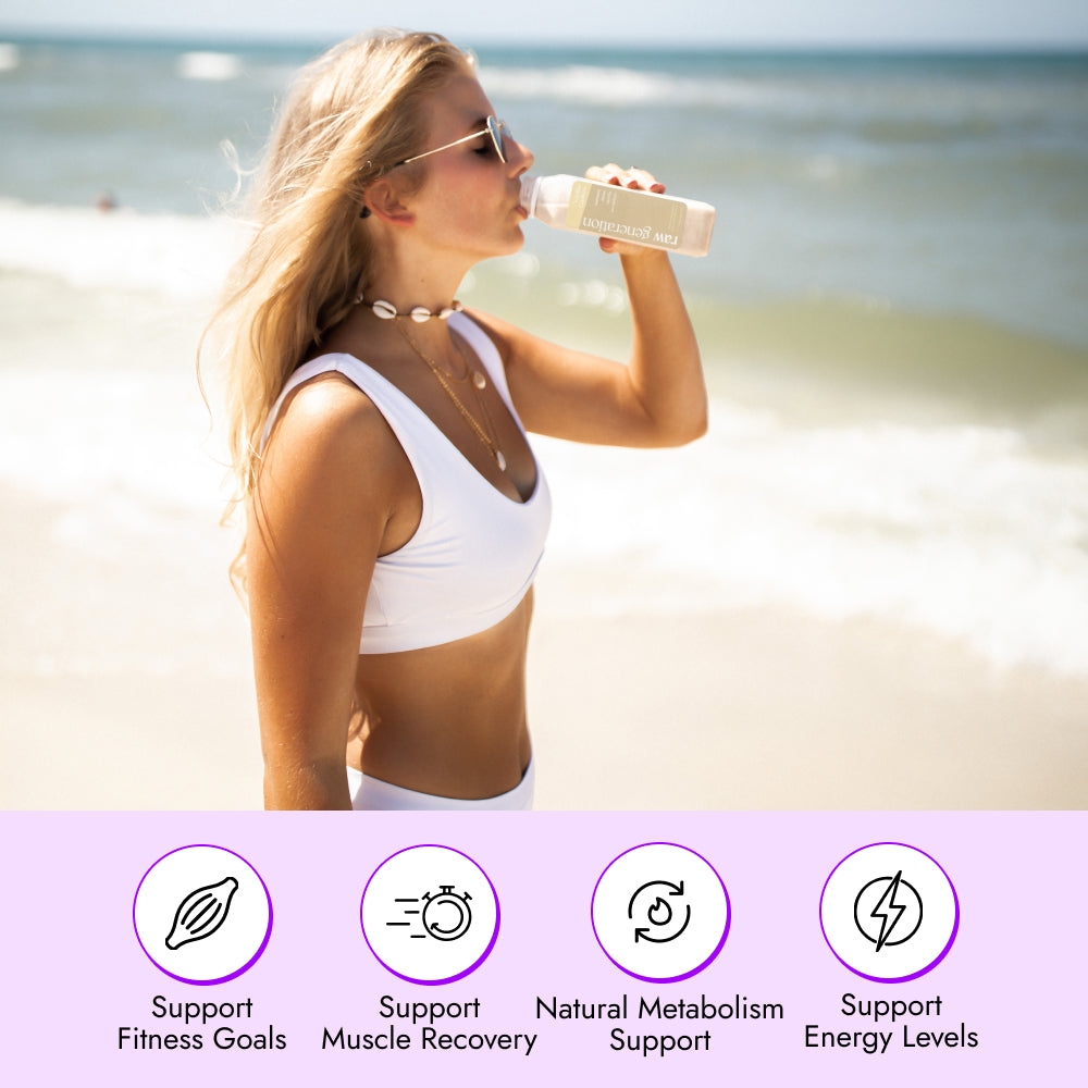 A woman on a beach enjoys a Vanilla Cashew Smoothie, highlighting benefits like fitness support and muscle recovery, with its plant-based protein and fiber content.